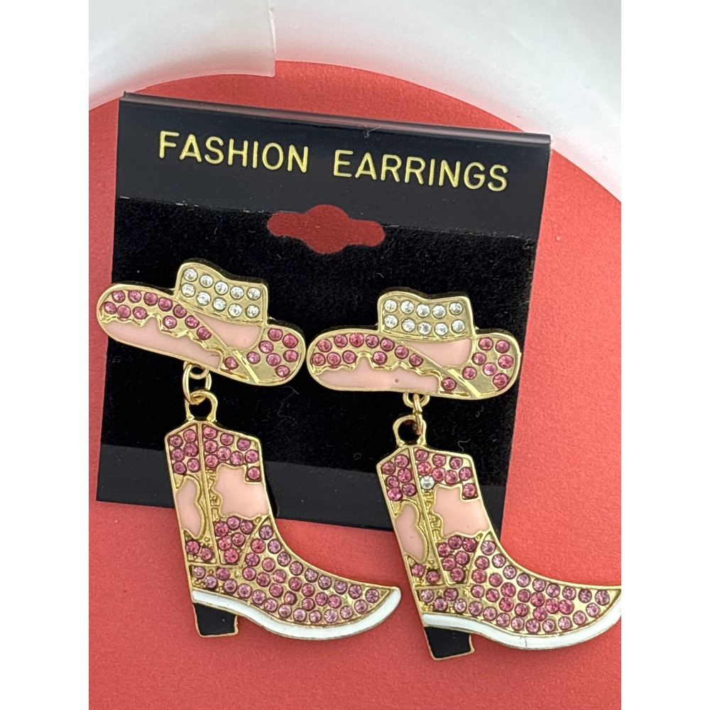 Earrings Pink Enamel Rhinestone Gold Tone Cowboy Boot Push Back New with Tags
